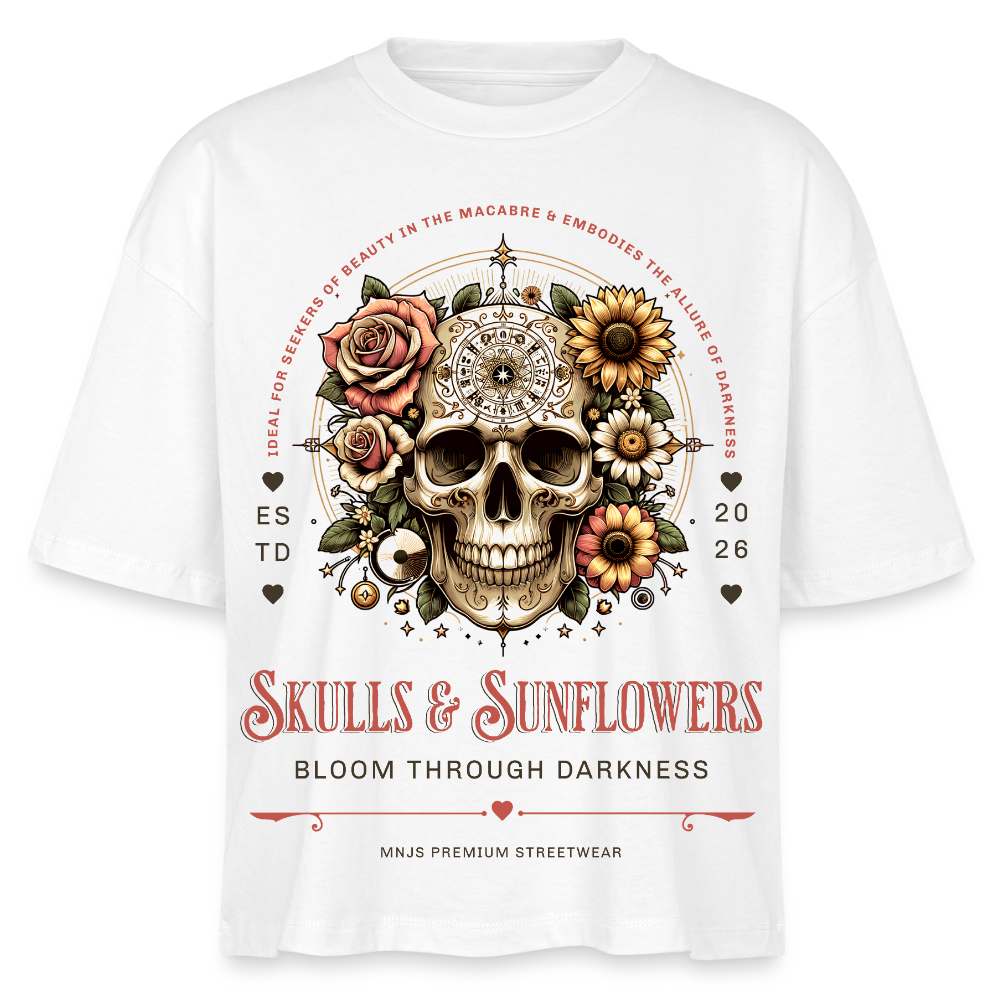 Skull & Sunflowers Design – Frauen Boxy Bio-T-Shirt - Weiß