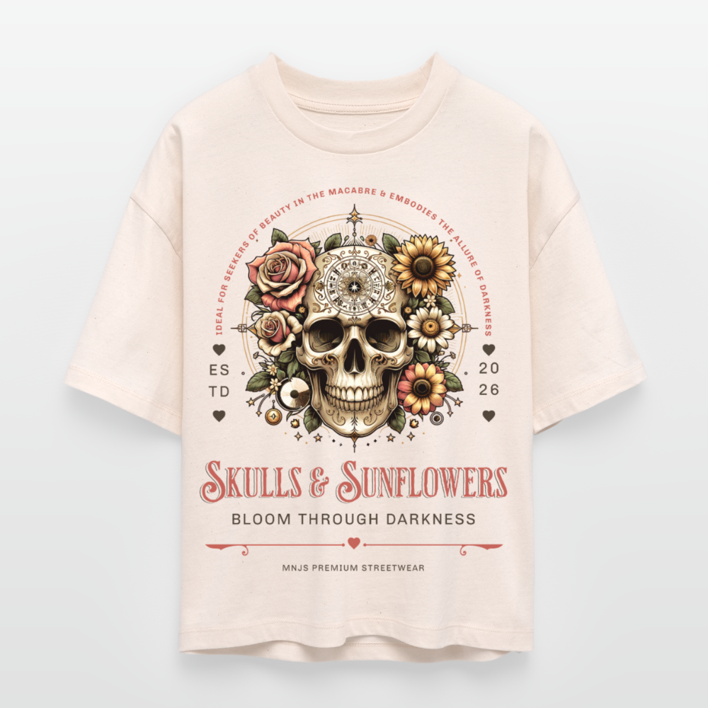 Skull & Sunflowers Design – Frauen Boxy Bio-T-Shirt - Natur