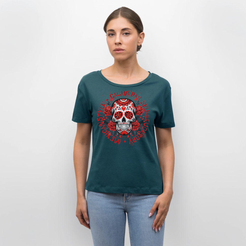 Sugar Skull Rosen Design - Rundhals Frauen Bio-T-Shirt - Dunkles Petrol