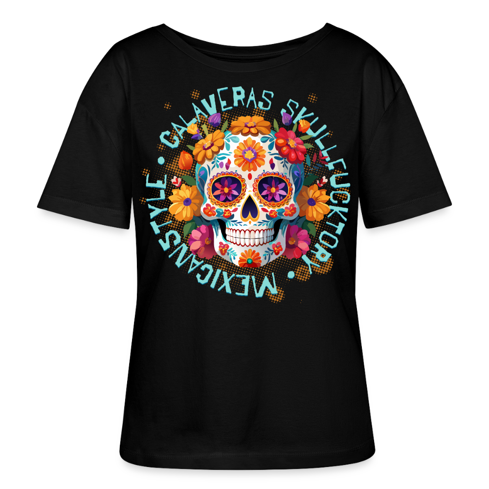 Sugar Skull Blumen Design – Relaxed Rundhals Frauen Bio-T-Shirt - Schwarz