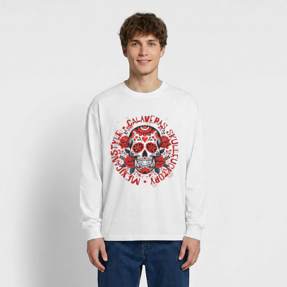 Sugar Skull Rosen Design - Oversized Langarmshirt - Weiß