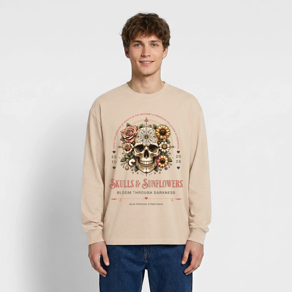 Skulls & Sunflowers Design – Oversized Langarmshirt - Sand