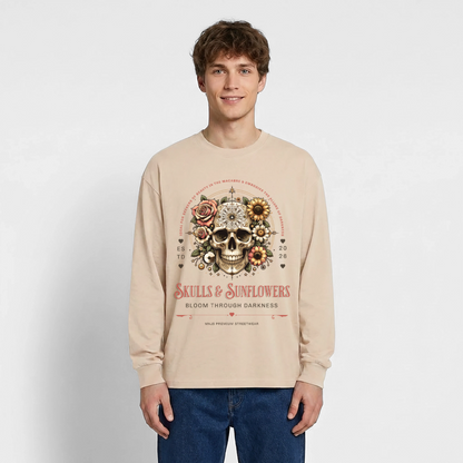 Skulls & Sunflowers Design – Oversized Langarmshirt - Sand