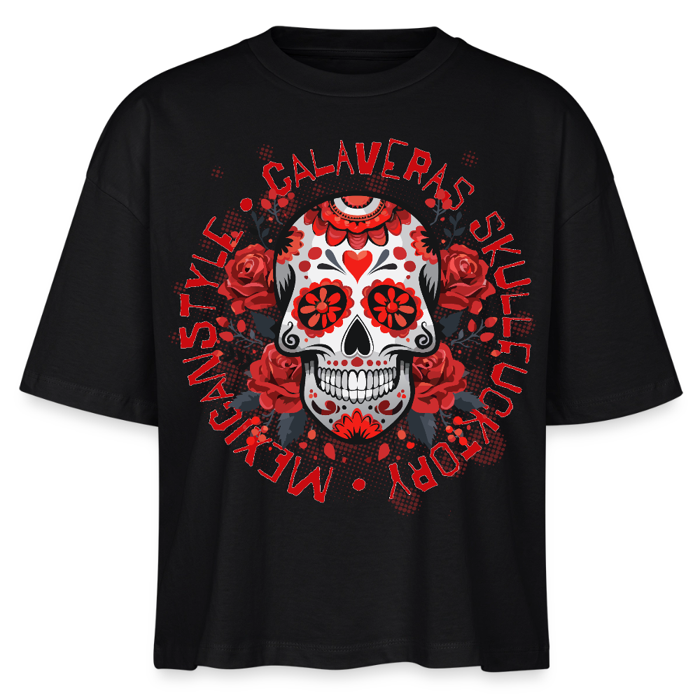 Sugar Skull Rosen Design - Frauen Boxy Bio-T-Shirt - Schwarz