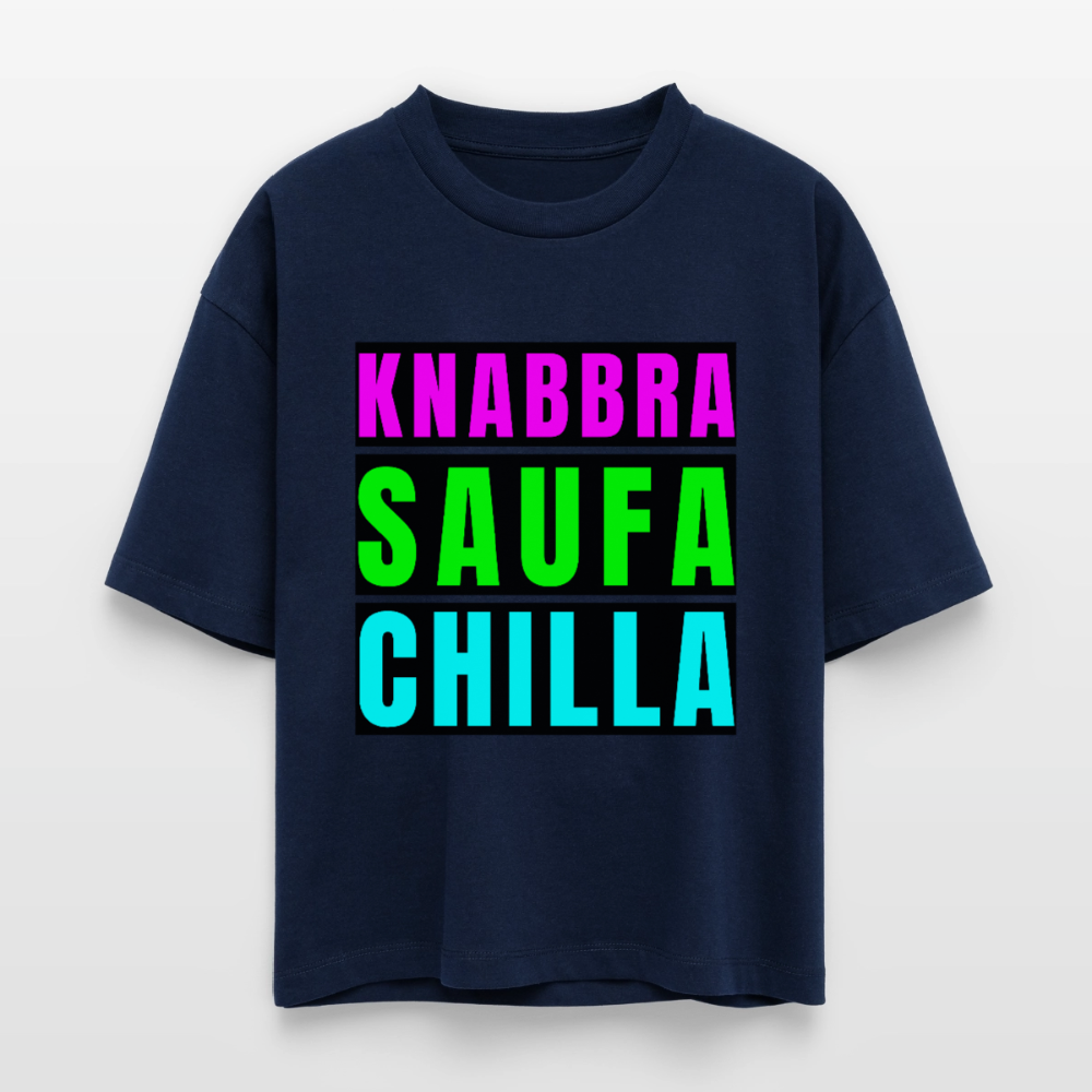 Knabbra Saufa Chilla Design – Frauen Boxy Bio-T-Shirt - Navy