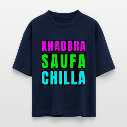 Knabbra Saufa Chilla Design – Frauen Boxy Bio-T-Shirt - Navy
