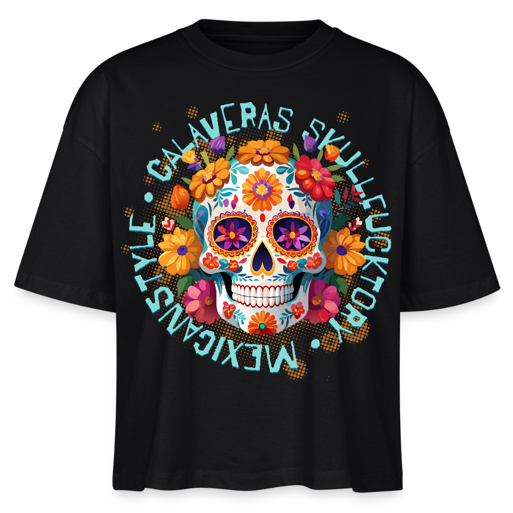 Sugar Skull Blumen Design - Frauen Boxy Bio-T-Shirt - Schwarz