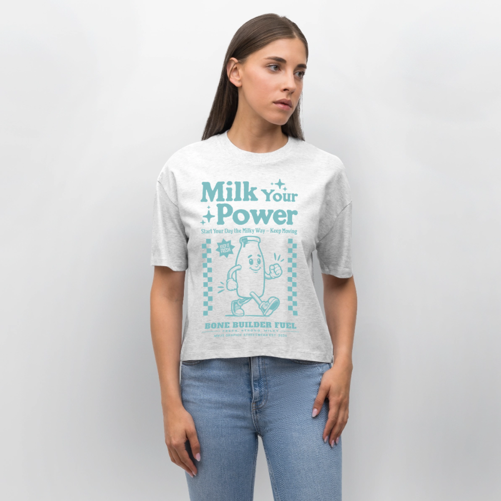 Milk Your Power Design – Frauen Boxy Bio-T-Shirt - Weiß meliert