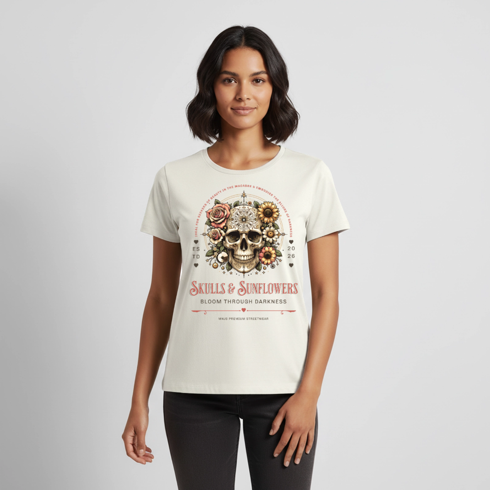 Skull & Sunflowers Design – Frauen Premium T-Shirt - Naturweiß