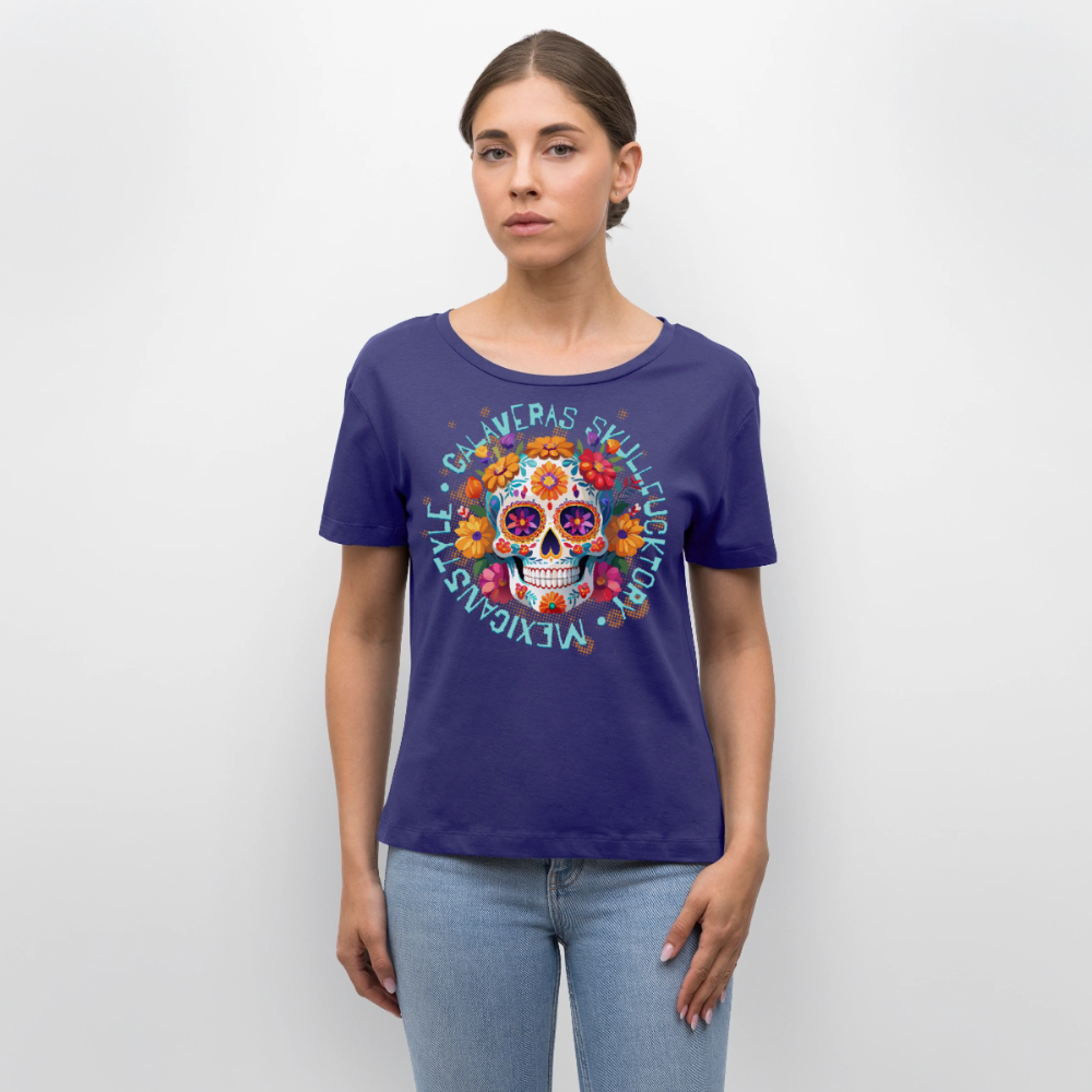 Sugar Skull Blumen Design – Relaxed Rundhals Frauen Bio-T-Shirt - Dämmerung