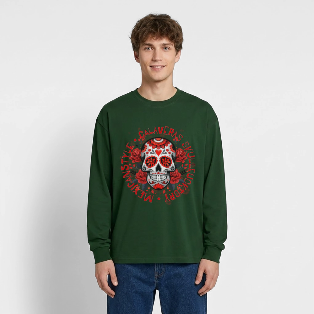 Sugar Skull Rosen Design - Oversized Langarmshirt - Flaschengrün