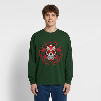 Sugar Skull Rosen Design - Oversized Langarmshirt - Flaschengrün