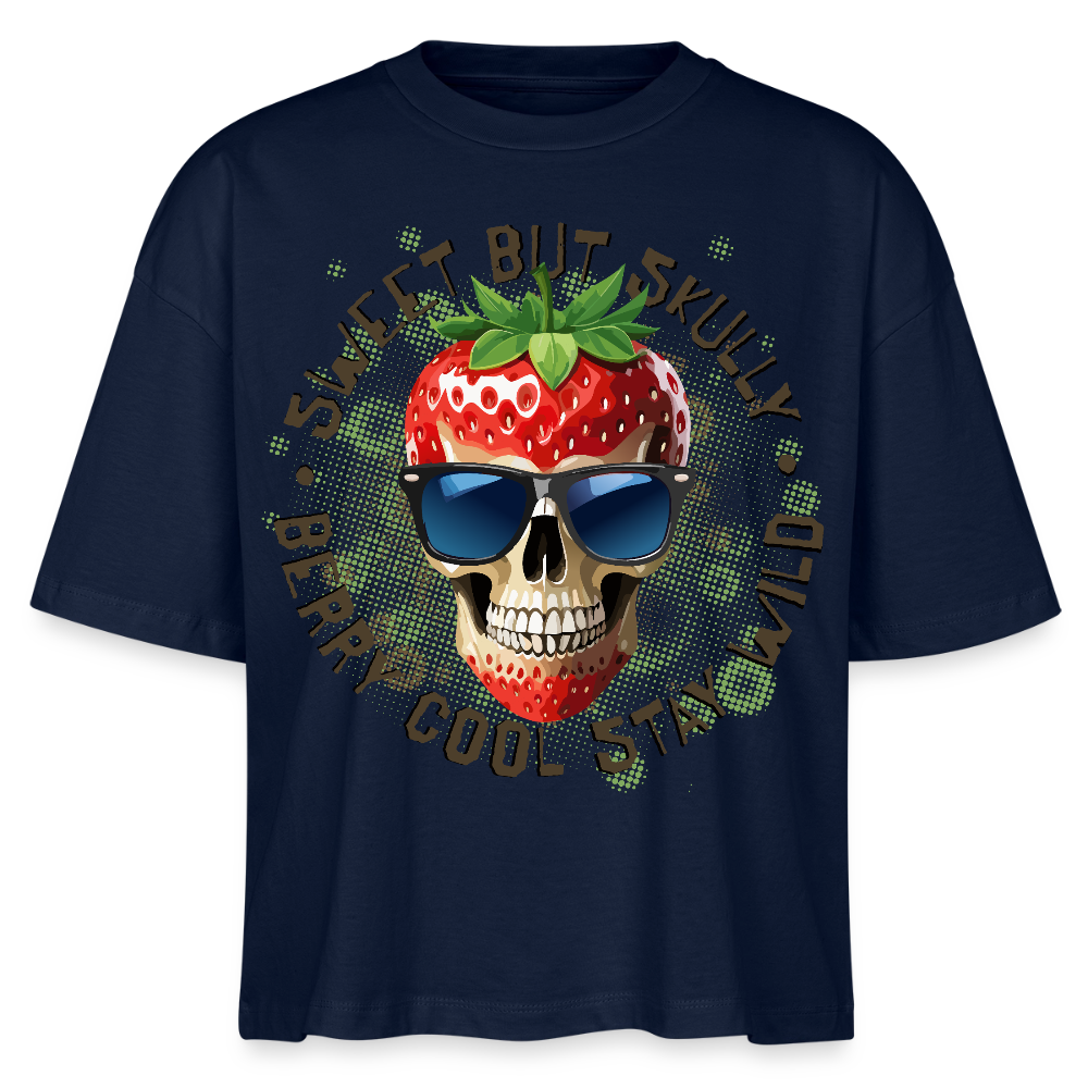 Strawberry Skull Design – Frauen Boxy Bio-T-Shirt - Navy
