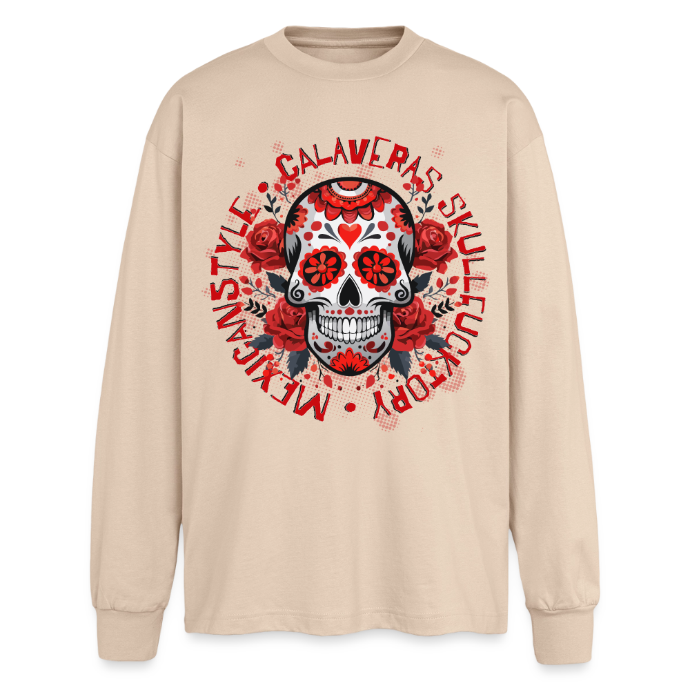 Sugar Skull Rosen Design - Oversized Langarmshirt - Sand