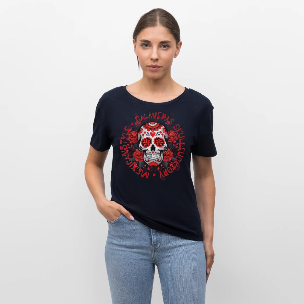 Sugar Skull Rosen Design - Rundhals Frauen Bio-T-Shirt - Navy