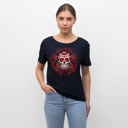 Sugar Skull Rosen Design - Rundhals Frauen Bio-T-Shirt - Navy