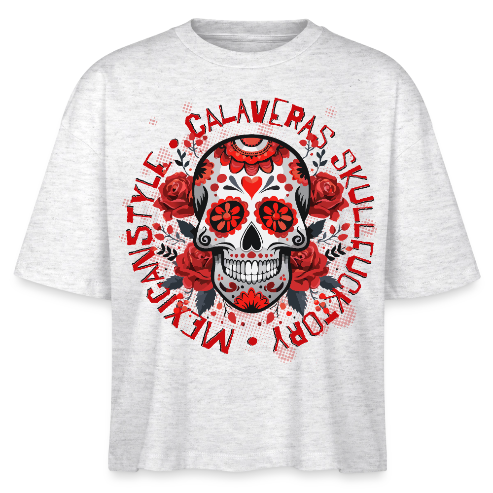 Sugar Skull Rosen Design - Frauen Boxy Bio-T-Shirt - Weiß meliert