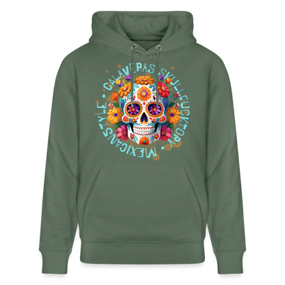 Sugar Skull Blumen Design – Unisex Bio-Hoodie - Tanngrün