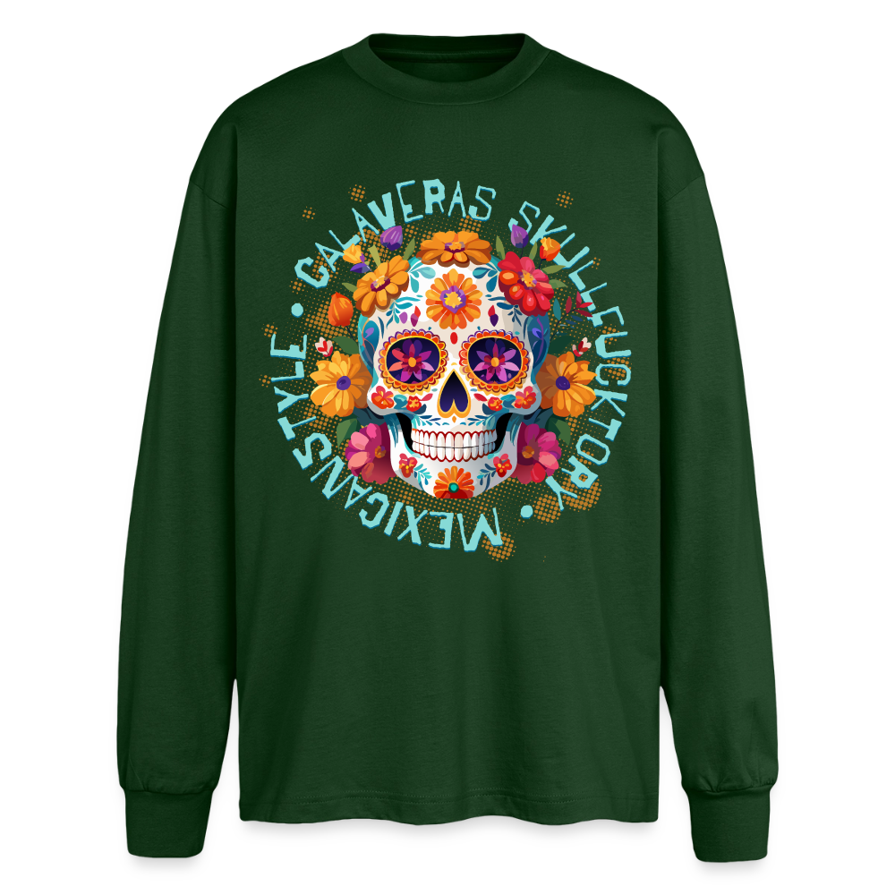 Sugar Skull Blumen Design - Oversized Langarmshirt - Flaschengrün