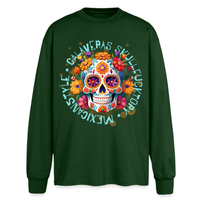 Sugar Skull Blumen Design - Oversized Langarmshirt - Flaschengrün