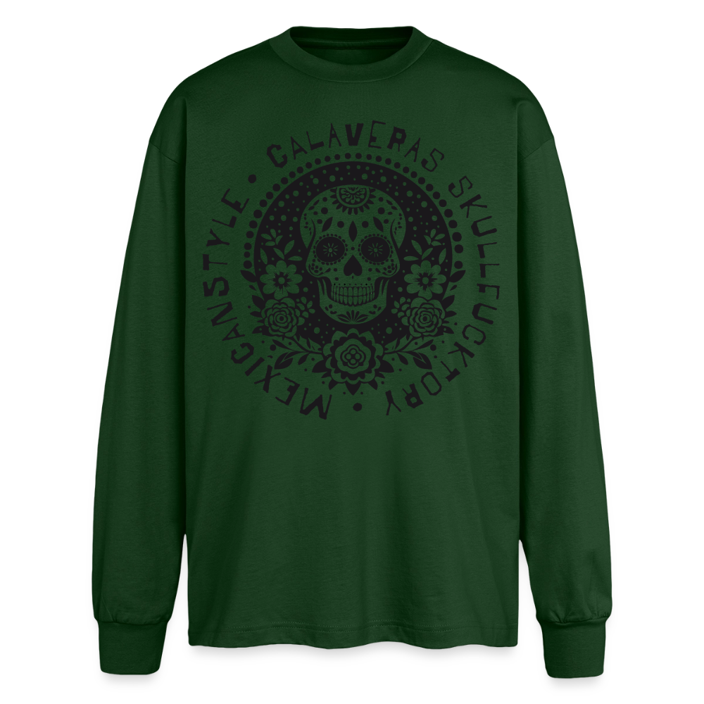 Sugar Skull Black Design - Oversized Langarmshirt - Flaschengrün