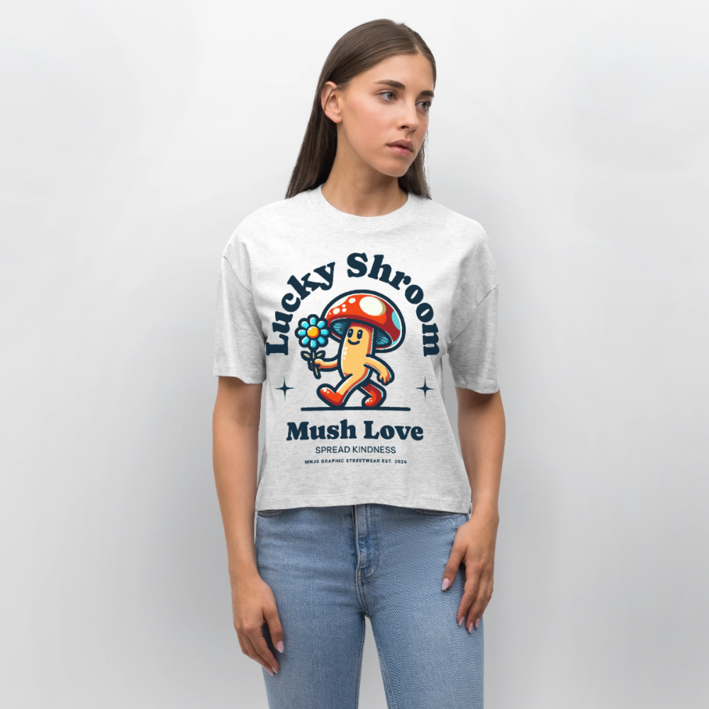 Lucky Shroom Design – Frauen Boxy Bio-T-Shirt - Weiß meliert