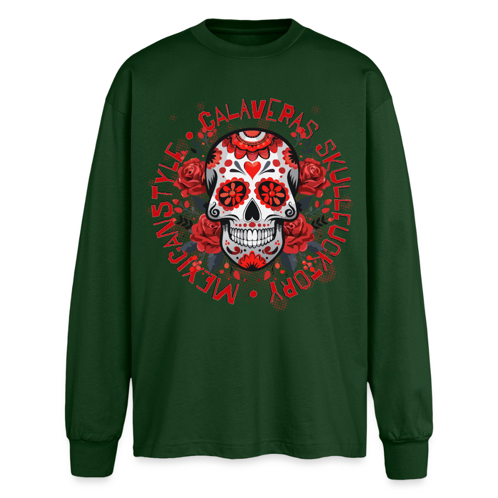 Sugar Skull Rosen Design - Oversized Langarmshirt - Flaschengrün