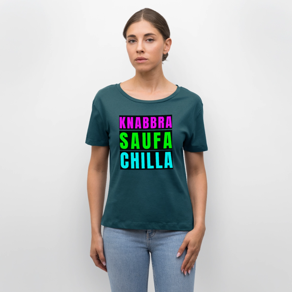 Knabbra Saufa Chilla Design – Rundhals Frauen Bio-T-Shirt - Dunkles Petrol