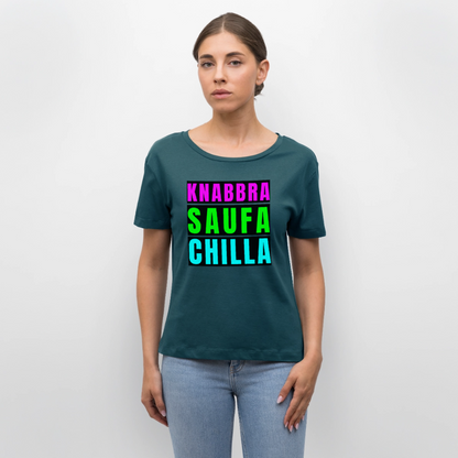 Knabbra Saufa Chilla Design – Rundhals Frauen Bio-T-Shirt - Dunkles Petrol