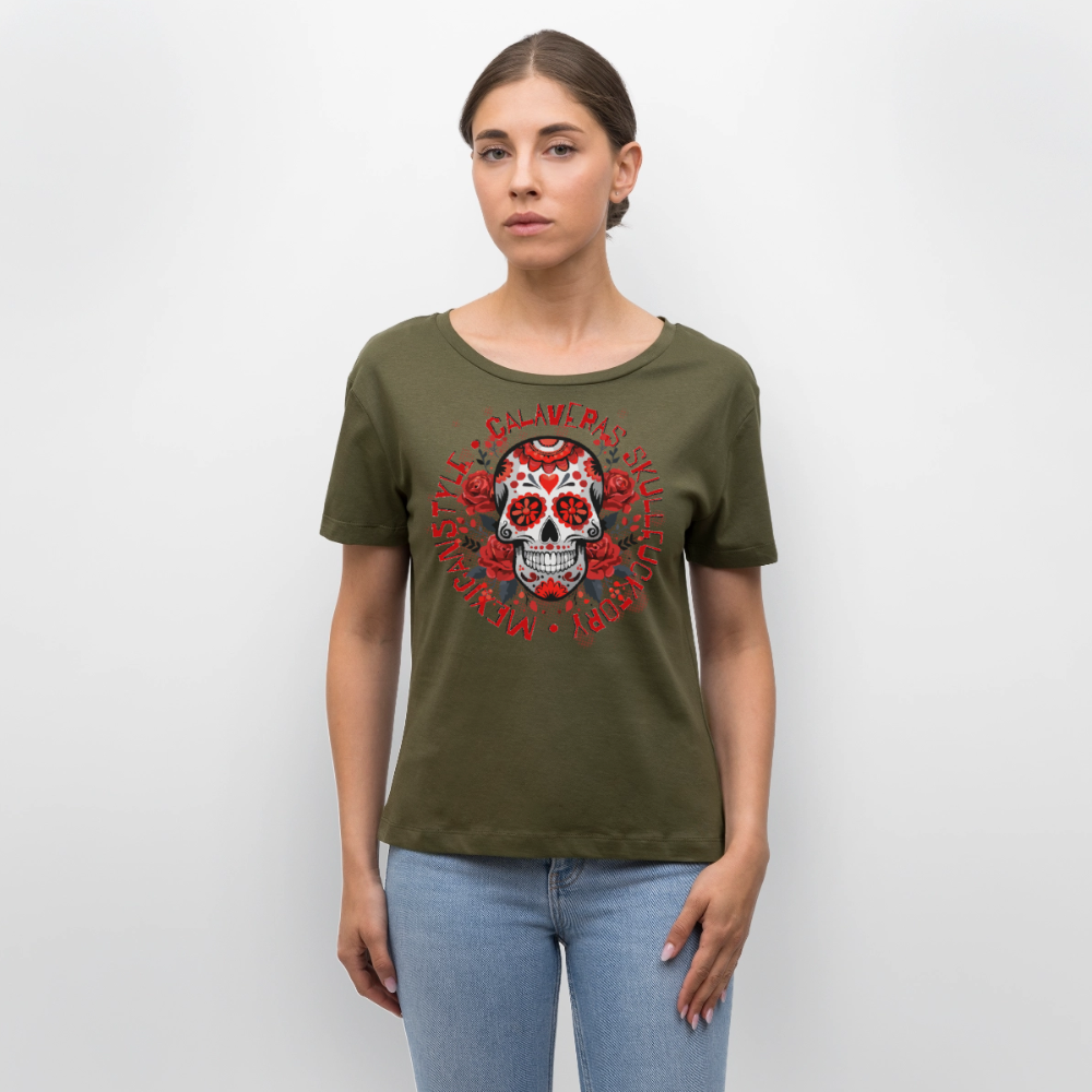 Sugar Skull Rosen Design - Rundhals Frauen Bio-T-Shirt - Khaki