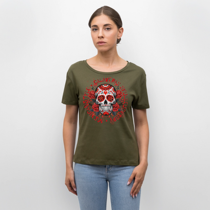 Sugar Skull Rosen Design - Rundhals Frauen Bio-T-Shirt - Khaki