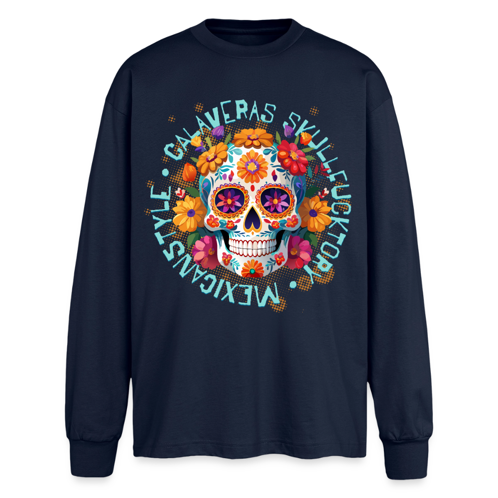 Sugar Skull Blumen Design - Oversized Langarmshirt - Navy