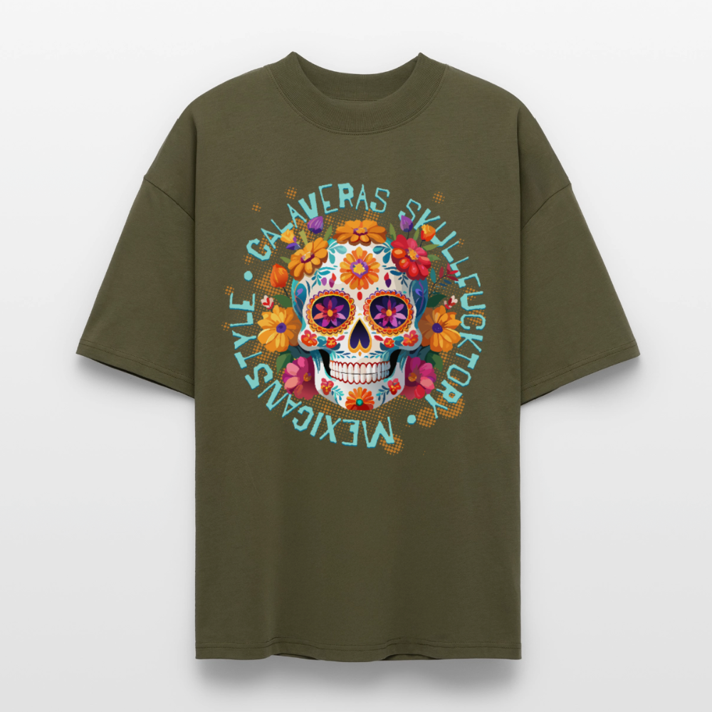 Sugar Skull Blumen – Oversized Unisex Bio T-Shirt - Khaki