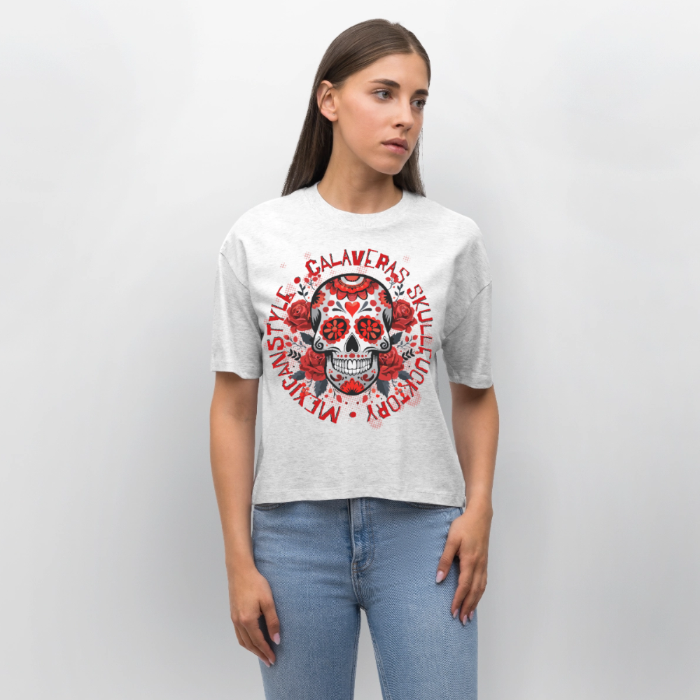 Sugar Skull Rosen Design - Frauen Boxy Bio-T-Shirt - Weiß meliert