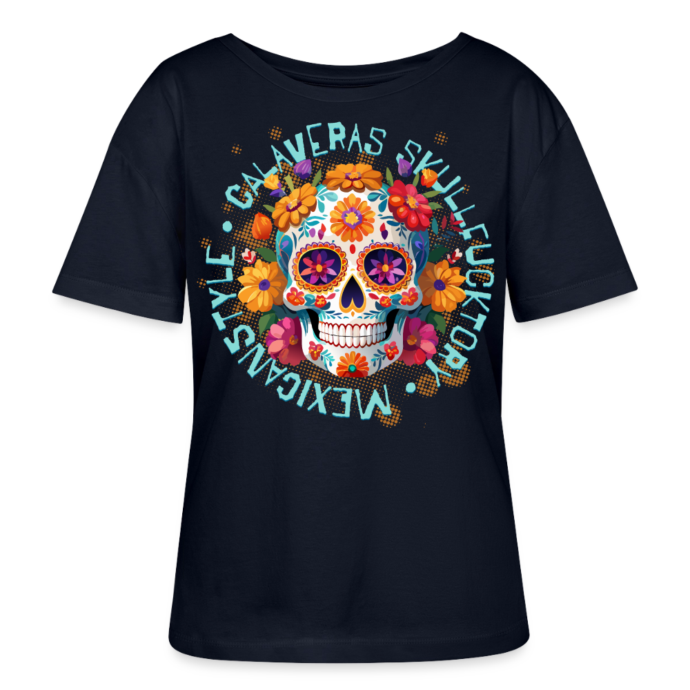 Sugar Skull Blumen Design – Relaxed Rundhals Frauen Bio-T-Shirt - Navy
