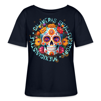 Sugar Skull Blumen Design – Relaxed Rundhals Frauen Bio-T-Shirt - Navy