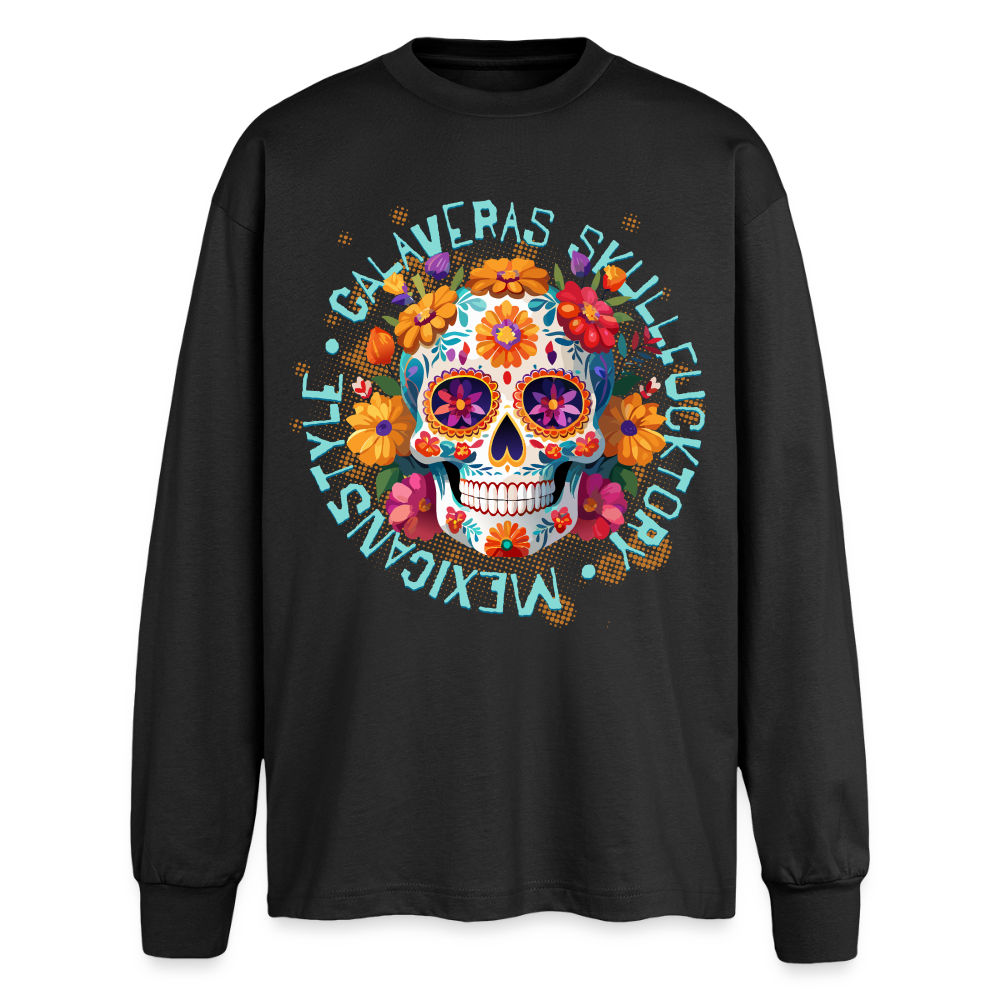 Sugar Skull Blumen Design - Oversized Langarmshirt - Schwarz