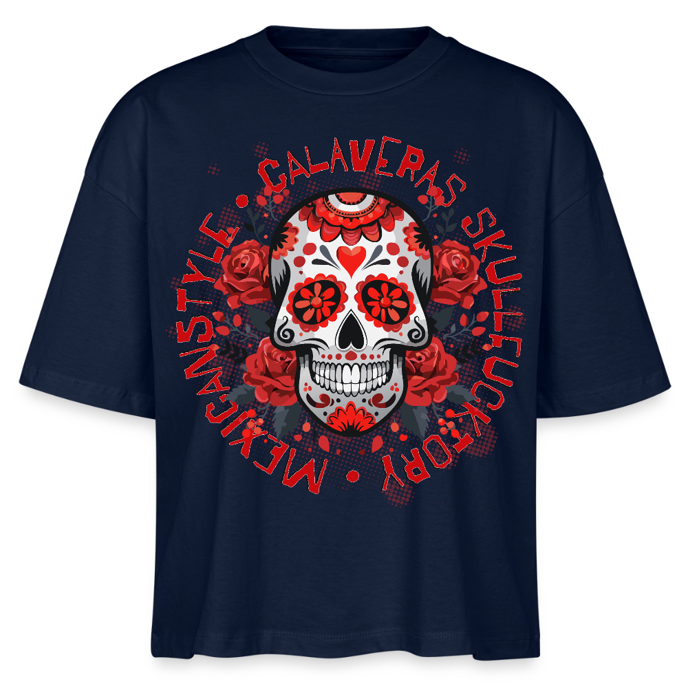 Sugar Skull Rosen Design - Frauen Boxy Bio-T-Shirt - Navy