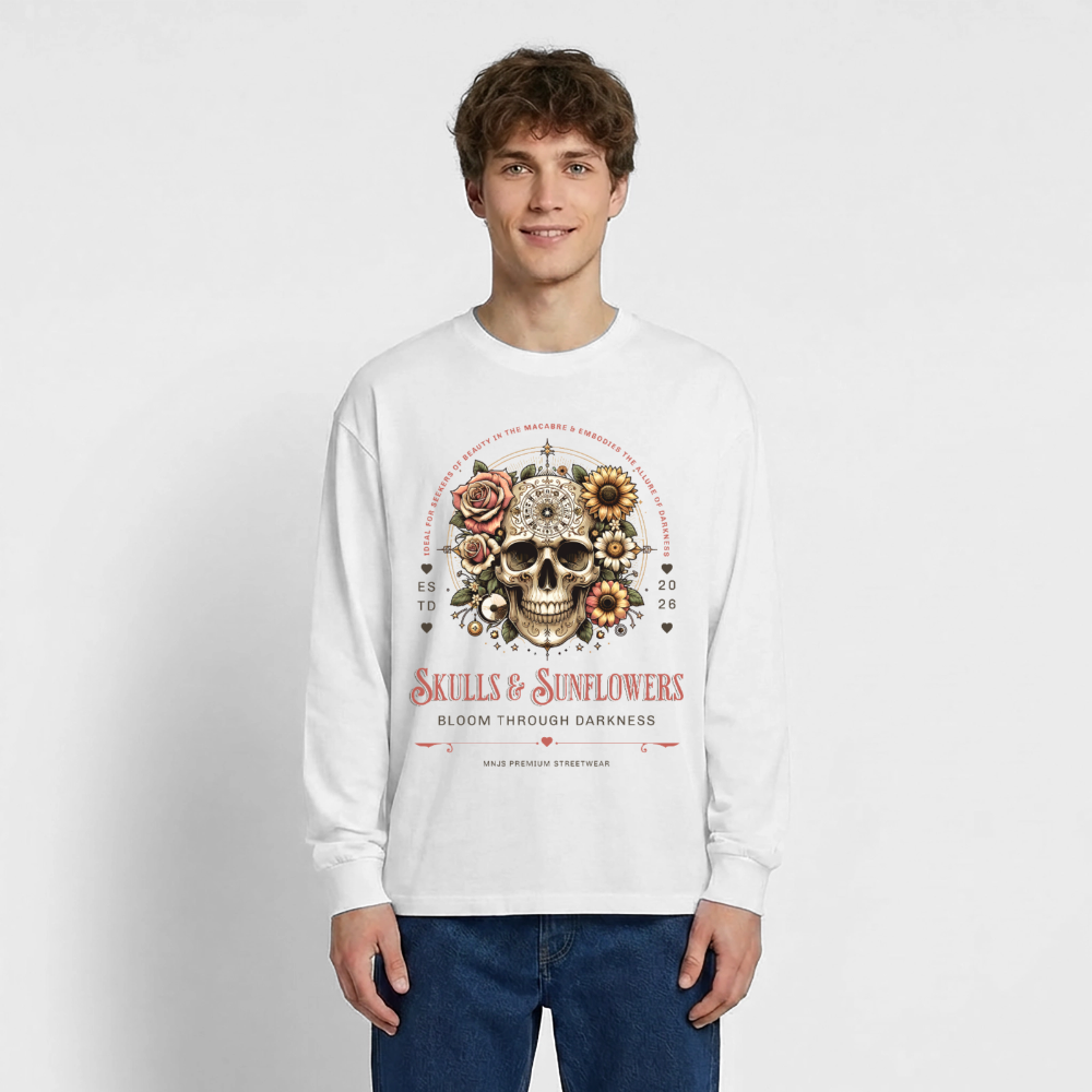 Skulls & Sunflowers Design – Oversized Langarmshirt - Weiß