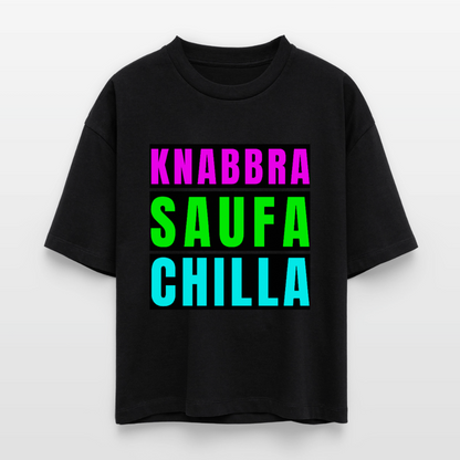 Knabbra Saufa Chilla Design – Frauen Boxy Bio-T-Shirt - Schwarz