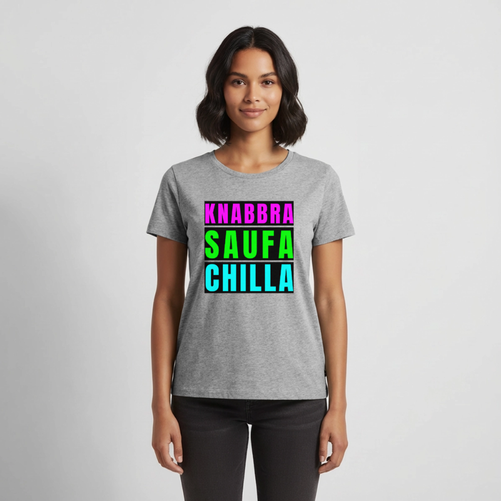 Knabbra Saufa Chilla Design – Frauen Premium T-Shirt - Grau meliert