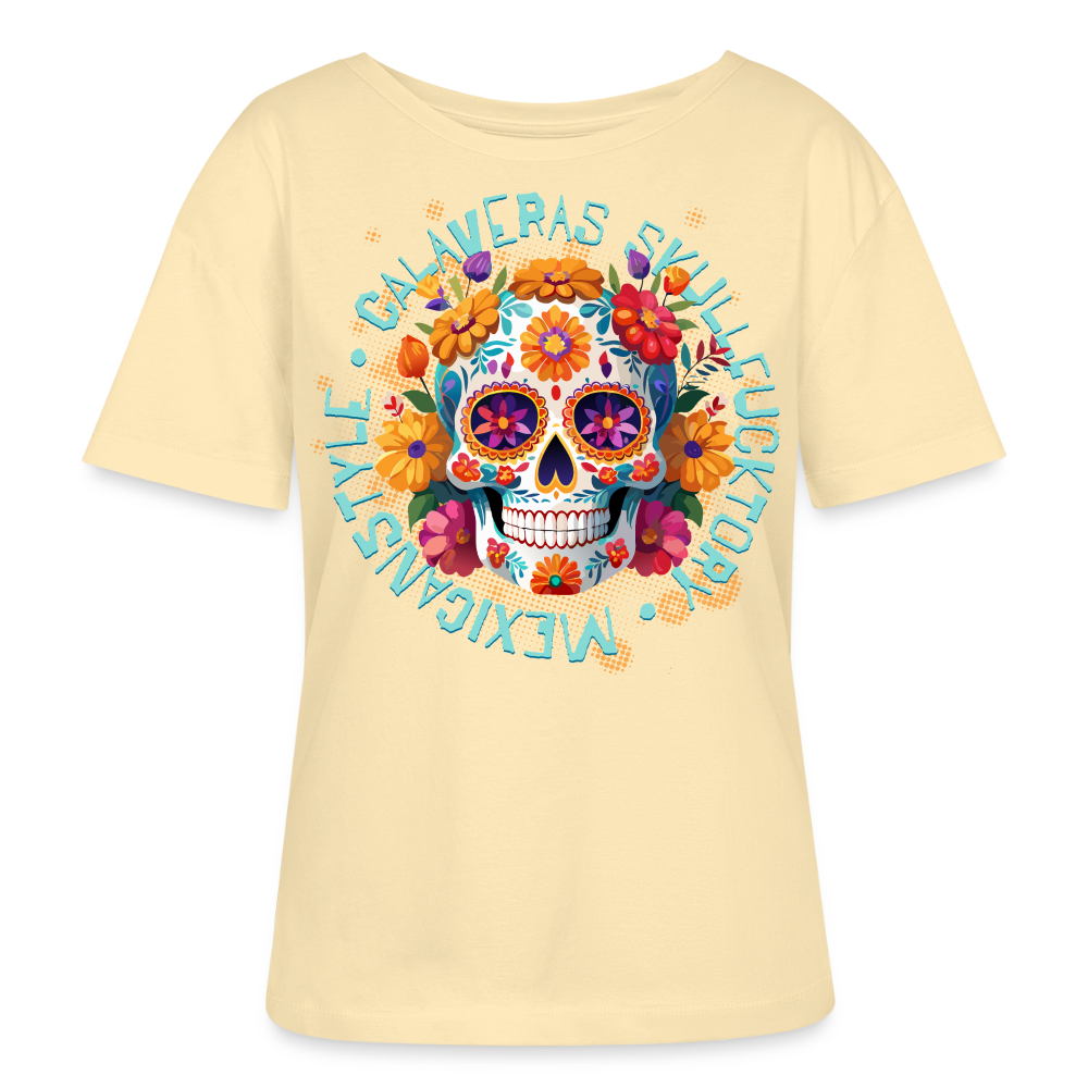 Sugar Skull Blumen Design – Relaxed Rundhals Frauen Bio-T-Shirt - Creme