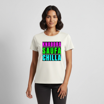 Knabbra Saufa Chilla Design – Frauen Premium T-Shirt - Naturweiß