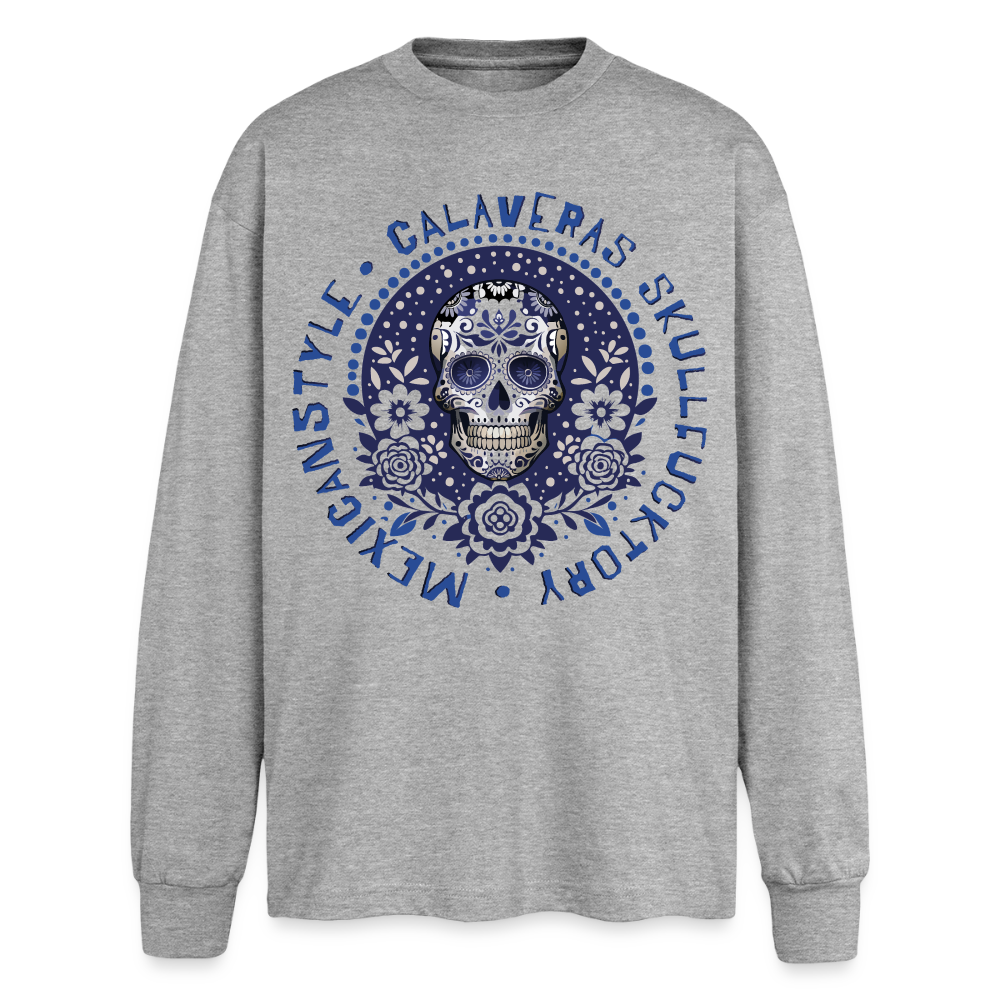 Sugar Skull Blau Design – Oversized Langarmshirt - Grau meliert