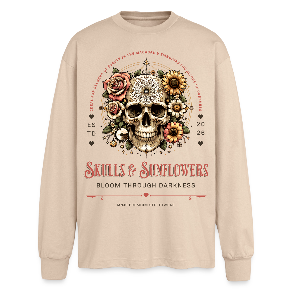 Skulls & Sunflowers Design – Oversized Langarmshirt - Sand