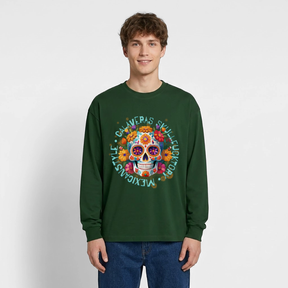 Sugar Skull Blumen Design - Oversized Langarmshirt - Flaschengrün