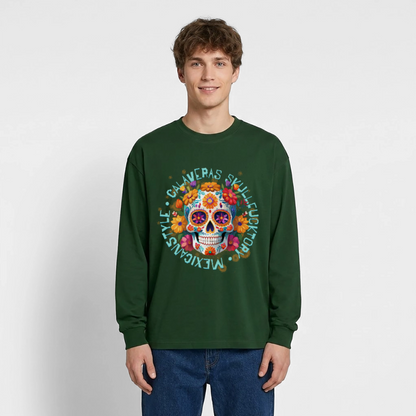 Sugar Skull Blumen Design - Oversized Langarmshirt - Flaschengrün