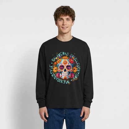 Sugar Skull Blumen Design - Oversized Langarmshirt - Schwarz