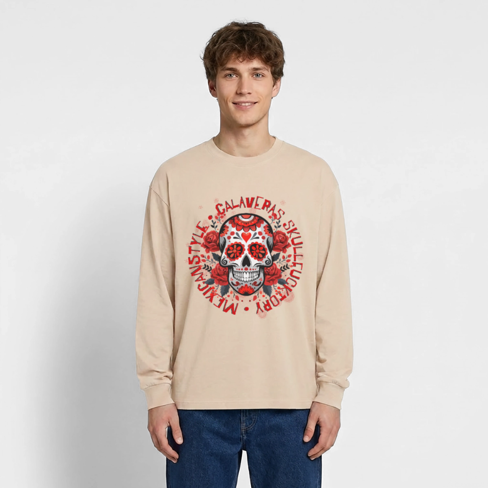 Sugar Skull Rosen Design - Oversized Langarmshirt - Sand