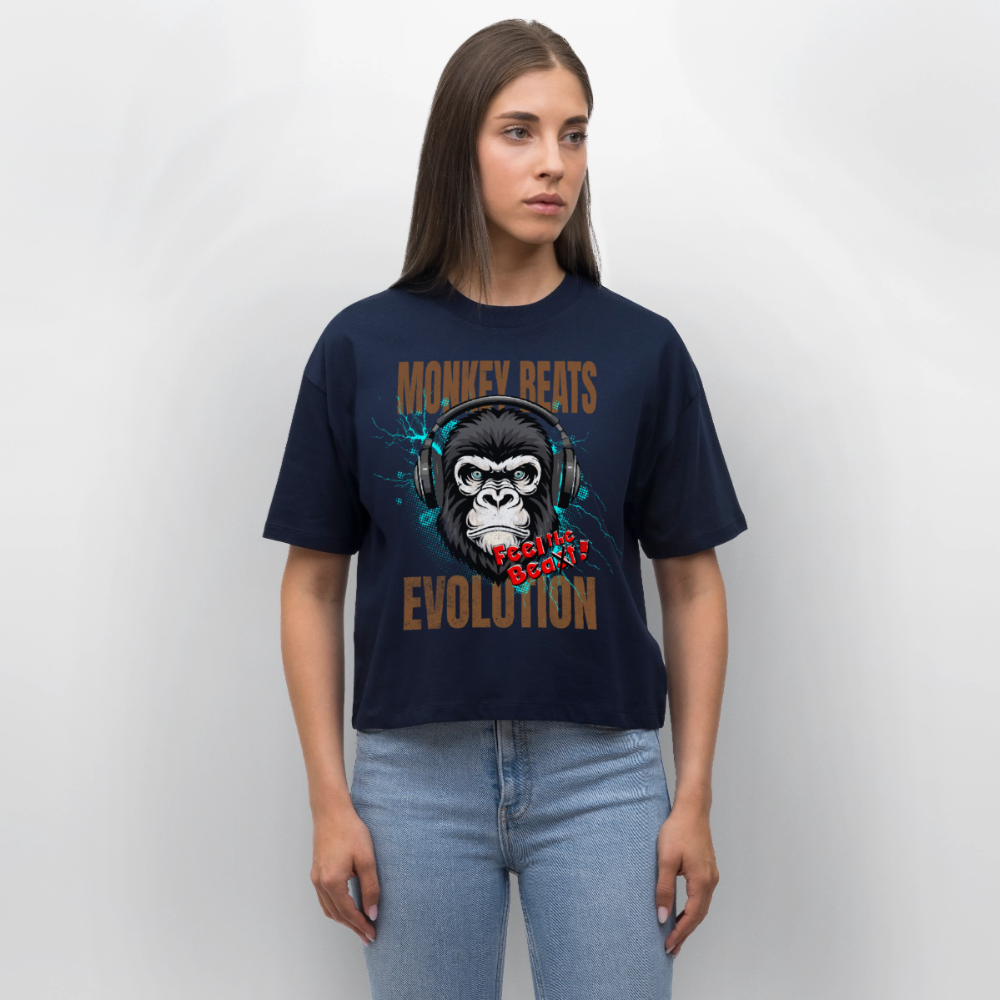 Monkey Beats Design – Frauen Boxy Bio-T-Shirt - Navy